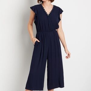 Maurices Navy Ruffle Sleeve Jumpsuit